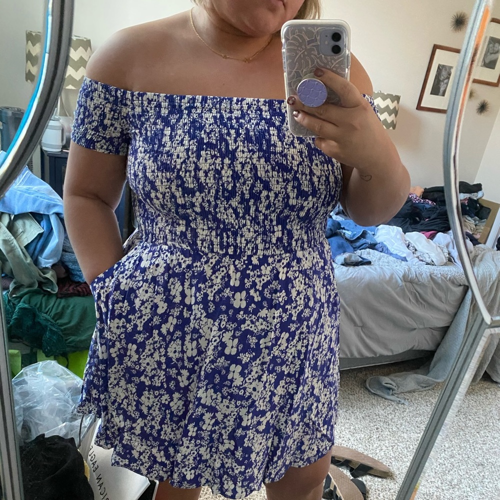 Express smocked off the shoulder mini dress